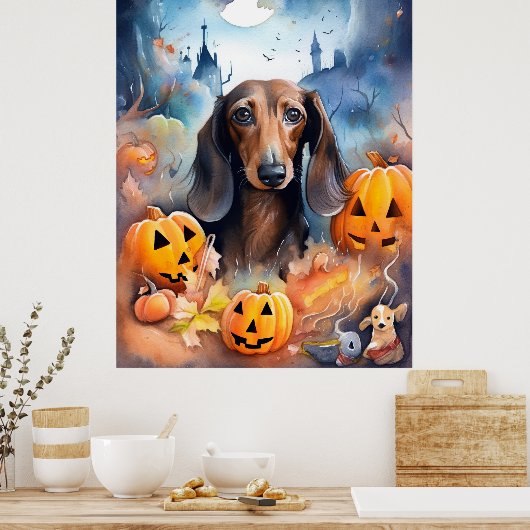 Dackel Halloween mit Pumpkins Beängstigend Poster (Küche)