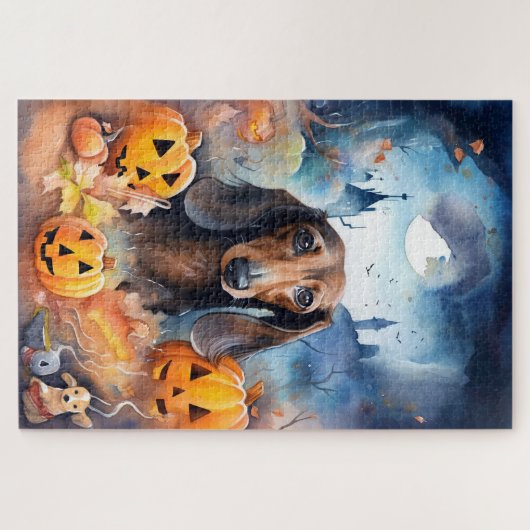 Dackel Halloween mit Pumpkins Beängstigend Puzzle (Horizontal)