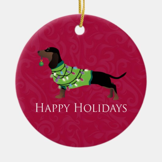 Dackel Happy Holidays Design Keramikornament (Vorne)