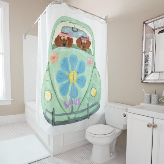 Dackel-Hippies im Blumen-Liebe-Mobile Duschvorhang (Beispiel)
