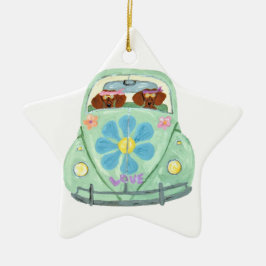 Dackel-Hippies in ihrem Blumen-Liebe-Mobile Keramik Ornament
