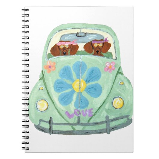 Dackel-Hippies in ihrem Blumen-Liebe-Mobile Notizblock (Vorderseite)