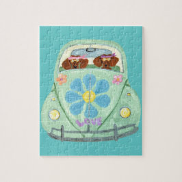 Dackel-Hippies in ihrem Blumen-Liebe-Mobile Puzzle