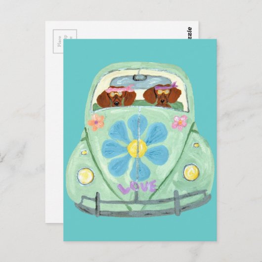 Dackel Hippies in ihrer Blume Liebe Mobile Postkarte (Vorne/Hinten)