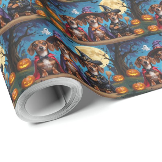 Dackel Hogs Pumpkin Halloween Funny Geschenkpapier (Rolleneckpunkt)