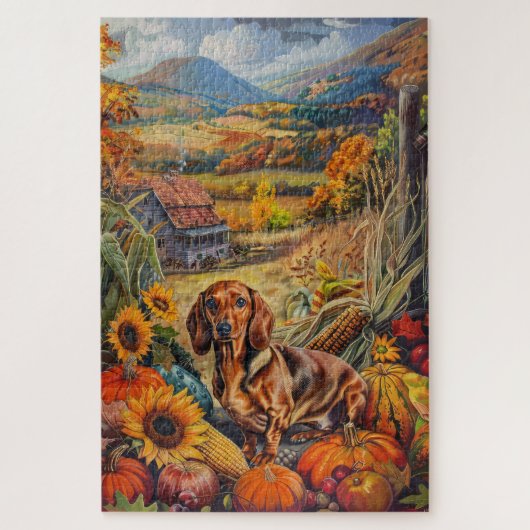Dackel Hund Herbst Ernte Erntedank Puzzle (Vertikal)