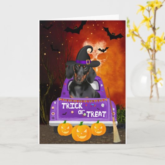Dackel Hund im Halloween-Lkw Karte (Gelbe Blume)