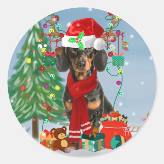 Dackel Hund im Schnee mit Weihnachten Runder Aufkleber (Vorderseite)