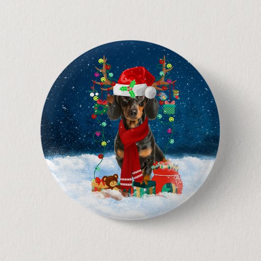 Dackel Hund im Schnee mit Weihnachtsgeschenken Button (Vorderseite)
