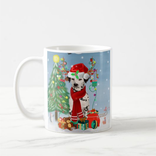 Dackel Hund im Schnee mit Weihnachtsgeschenken Kaffeetasse (Links)