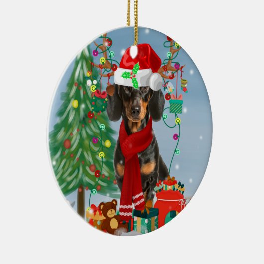 Dackel Hund im Schnee mit Weihnachtsgeschenken Keramik Ornament (Rechts)