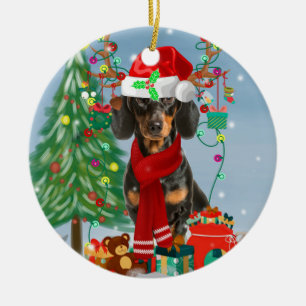 Dackel Hund im Schnee mit Weihnachtsgeschenken Keramik Ornament