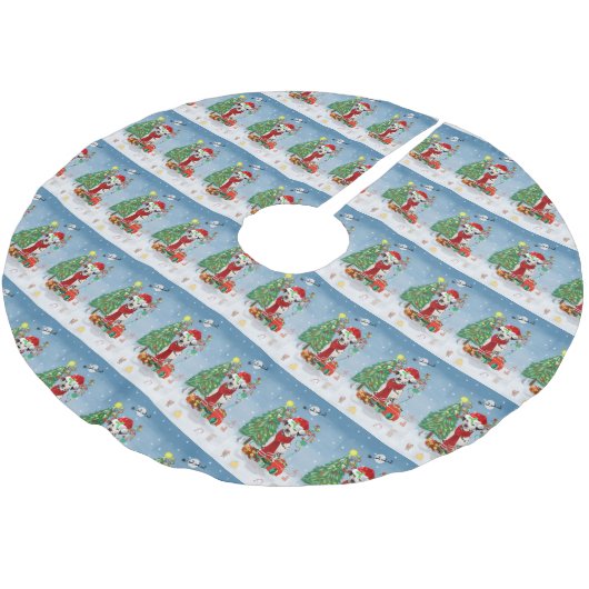 Dackel Hund im Schnee mit Weihnachtsgeschenken Polyester Weihnachtsbaumdecke (Schrägansicht)