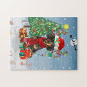 Dackel Hund im Schnee mit Weihnachtsgeschenken   Puzzle (Horizontal)