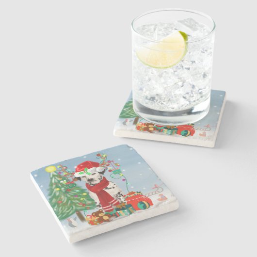 Dackel Hund im Schnee mit Weihnachtsgeschenken Steinuntersetzer (Seitenansicht)