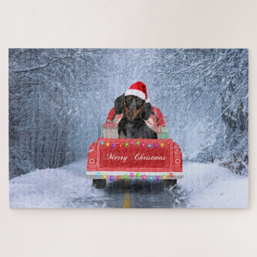 Dackel Hund im Schnee sitzen im Weihnachtswagen Puzzle (Horizontal)