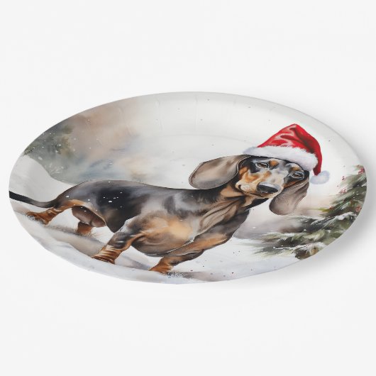 Dackel Hund im Schnee Weihnachten Pappteller (Schrägansicht)
