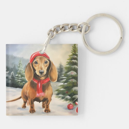 Dackel Hund im Schnee Weihnachten Schlüsselanhänger (Rückseite)