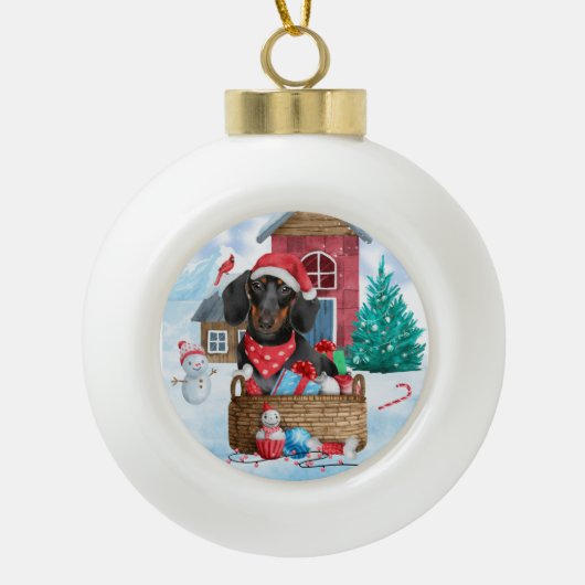 Dackel Hund im Schnee Weihnachtshundehaus Keramik Kugel-Ornament (Vorderseite)