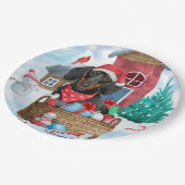 Dackel Hund im Schnee Weihnachtshundehaus Pappteller (Schrägansicht)