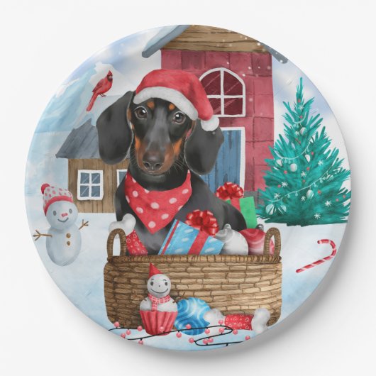 Dackel Hund im Schnee Weihnachtshundehaus Pappteller (Vorderseite)
