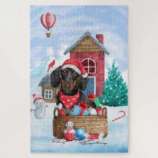 Dackel Hund im Schnee Weihnachtshundehaus Puzzle (Vertikal)