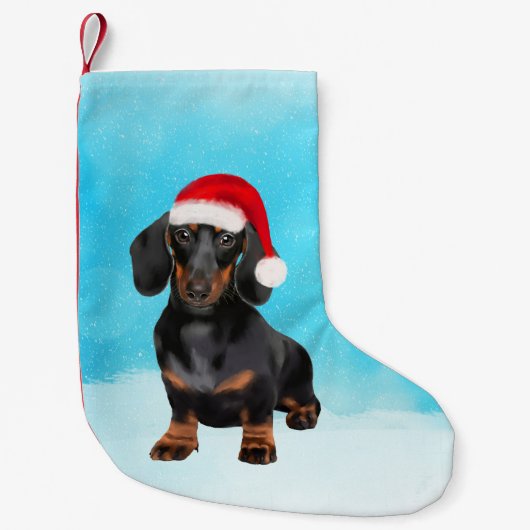 Dackel Hund in Schnee Weihnachtshut Kleiner Weihnachtsstrumpf (Vorderseite)