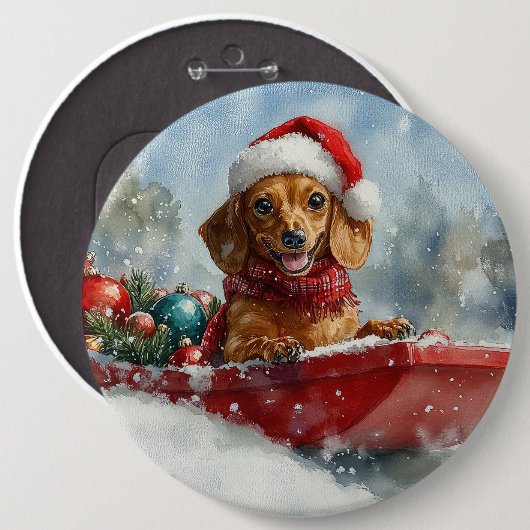 Dackel Hund in Sledge Lass es Schnee Weihnachten Button (Vorne & Hinten)