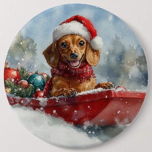 Dackel Hund in Sledge Lass es Schnee Weihnachten Button (Vorderseite)