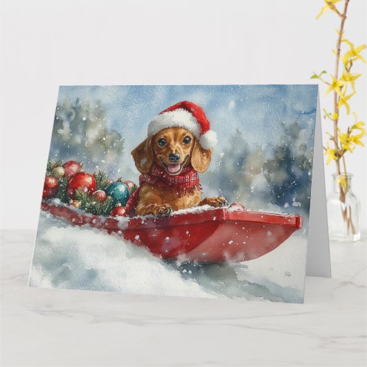 Dackel Hund in Sledge Lass es Schnee Weihnachten Karte (Gelbe Blume)
