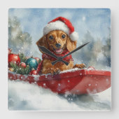 Dackel Hund in Sledge Lass es Schnee Weihnachten Quadratische Wanduhr (Vorderseite)
