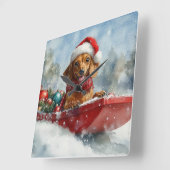 Dackel Hund in Sledge Lass es Schnee Weihnachten Quadratische Wanduhr (Winkel)