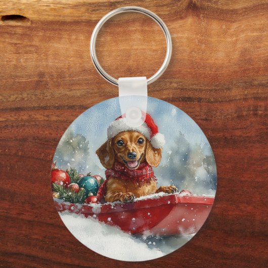 Dackel Hund in Sledge Lass es Schnee Weihnachten Schlüsselanhänger (Rückseite)