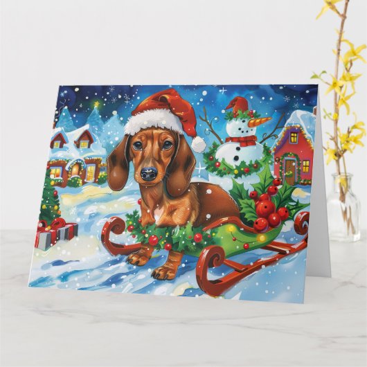 Dackel Hund in Sleigh Snow Weihnachten Karte (Gelbe Blume)
