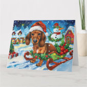 Dackel Hund in Sleigh Snow Weihnachten Karte (Vorderseite)