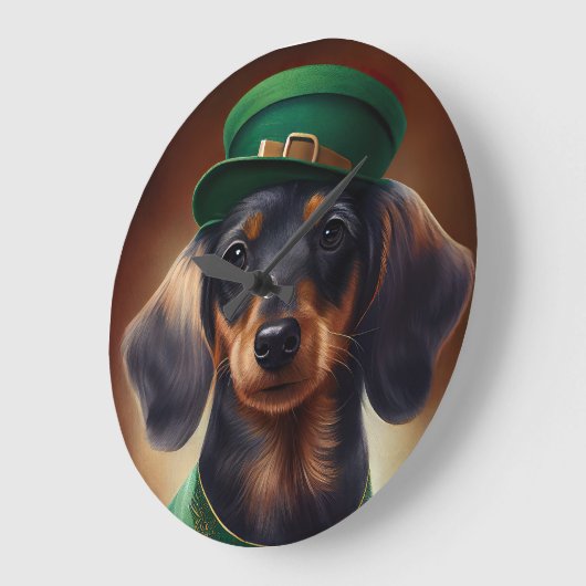 Dackel Hund in St. Patrick's Day Dress Große Wanduhr (Winkel)