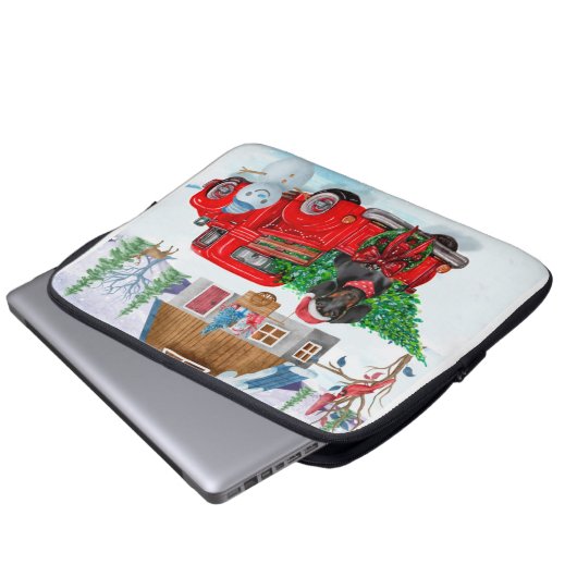 Dackel Hund in Weihnachtslieferung LKW Schnee Laptopschutzhülle (Vorne Knopf)