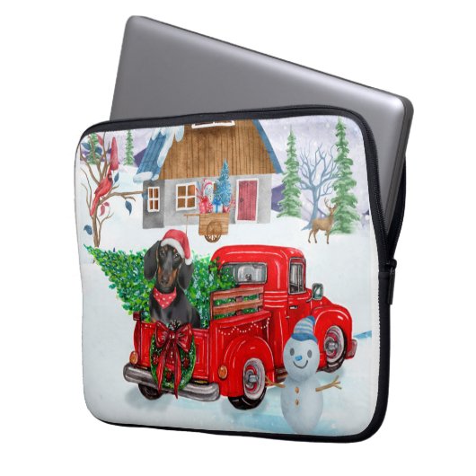 Dackel Hund in Weihnachtslieferung LKW Schnee Laptopschutzhülle (Vorderseite Links)