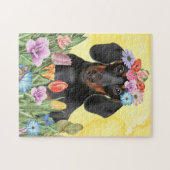 Dackel Hund mit Blume Frühjahr Puzzle (Horizontal)