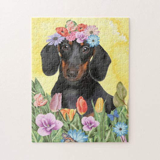 Dackel Hund mit Blume Frühjahr Puzzle (Vertikal)