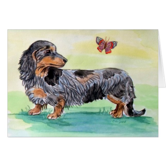 Dackel Hund mit Schmetterling (Vorderseite (Horizontal))