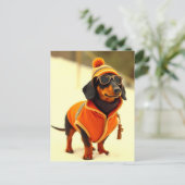 Dackel Hund mit Skiern verkleidet Postkarte (Stehend Vorderseite)