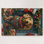 Dackel Hund mit Weihnachtsgeschenken Feuerplatz Puzzle (Horizontal)