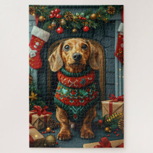 Dackel Hund mit Weihnachtsgeschenken Feuerplatz Puzzle