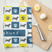 Dackel Hund & Paw Gelb & Blau Grid Geschirrtuch (Viertel Falte)