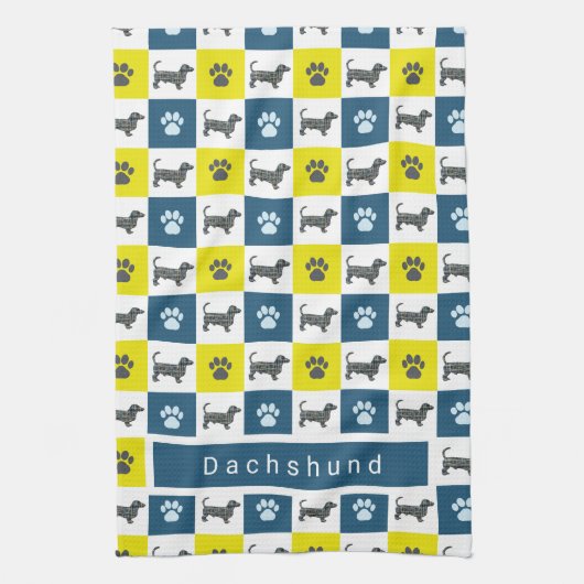 Dackel Hund & Paw Gelb & Blau Grid Geschirrtuch (Vertikal)