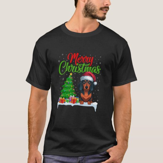 Dackel Hund Weihnachtsbaum Lichter Weihnachten Wei T-Shirt (Vorderseite)