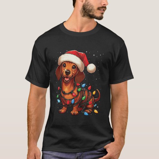 Dackel Hund Weihnachtslicht Weihnachtsmannmütze We T-Shirt (Vorderseite)