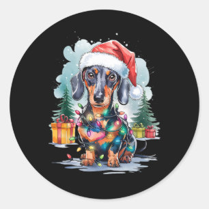 Dackel Hund Weihnachtsmannmütze Weihnachtsleuchten Runder Aufkleber