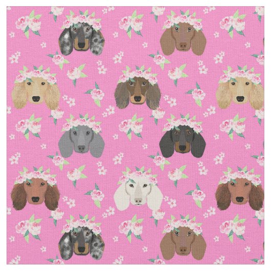 Dackel Hunde Blumenkronenrosa Stoff (Nahaufnahme)